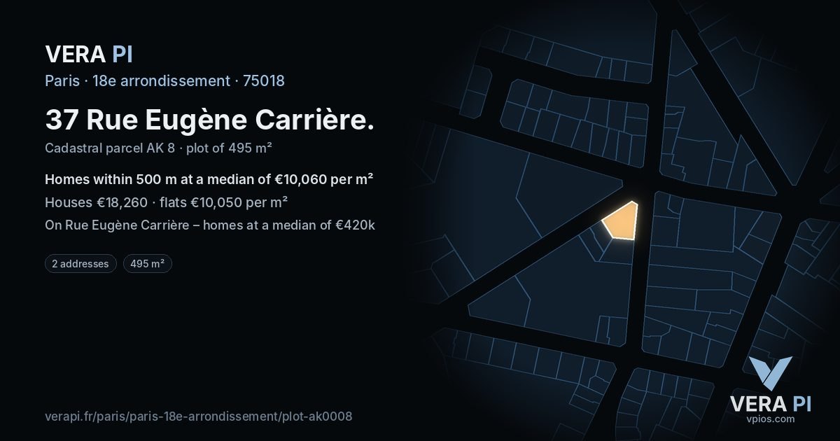 37 Rue Eugène Carrière, 18e arrondissement at night – the plot lit, the parcels around coloured by the prices near them