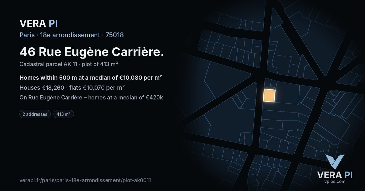 46 Rue Eugène Carrière, 18e arrondissement at night – the plot lit, the parcels around coloured by the prices near them