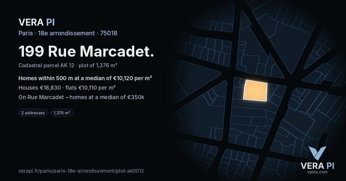 199 Rue Marcadet, 18e arrondissement at night – the plot lit, the parcels around coloured by the prices near them
