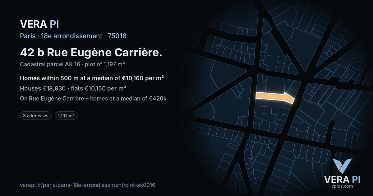 42 b Rue Eugène Carrière, 18e arrondissement at night – the plot lit, the parcels around coloured by the prices near them