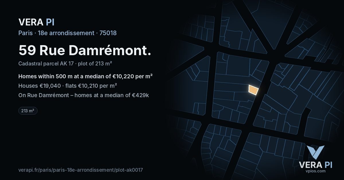59 Rue Damrémont, 18e arrondissement at night – the plot lit, the parcels around coloured by the prices near them