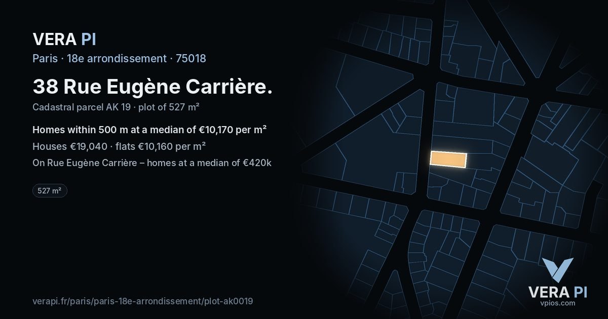 38 Rue Eugène Carrière, 18e arrondissement at night – the plot lit, the parcels around coloured by the prices near them
