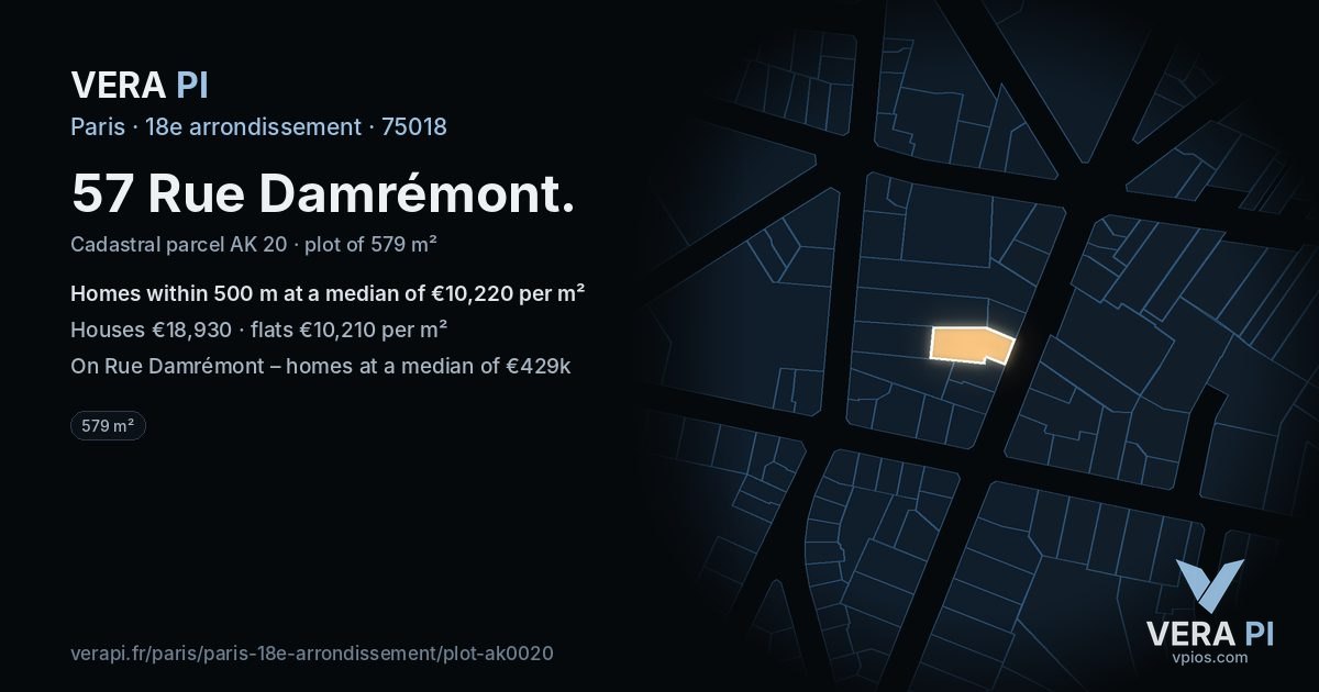 57 Rue Damrémont, 18e arrondissement at night – the plot lit, the parcels around coloured by the prices near them