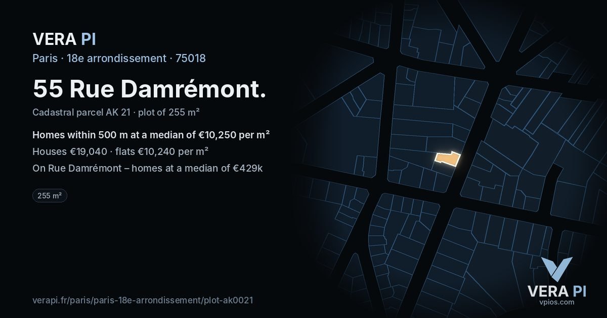 55 Rue Damrémont, 18e arrondissement at night – the plot lit, the parcels around coloured by the prices near them