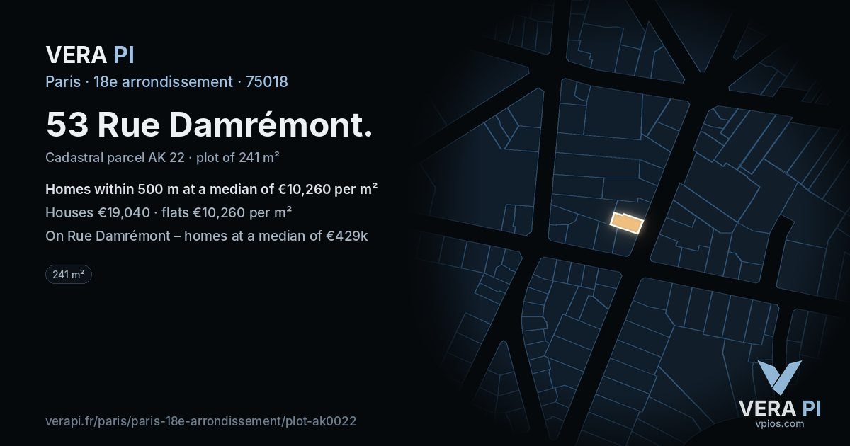 53 Rue Damrémont, 18e arrondissement at night – the plot lit, the parcels around coloured by the prices near them