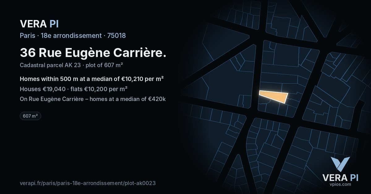 36 Rue Eugène Carrière, 18e arrondissement at night – the plot lit, the parcels around coloured by the prices near them