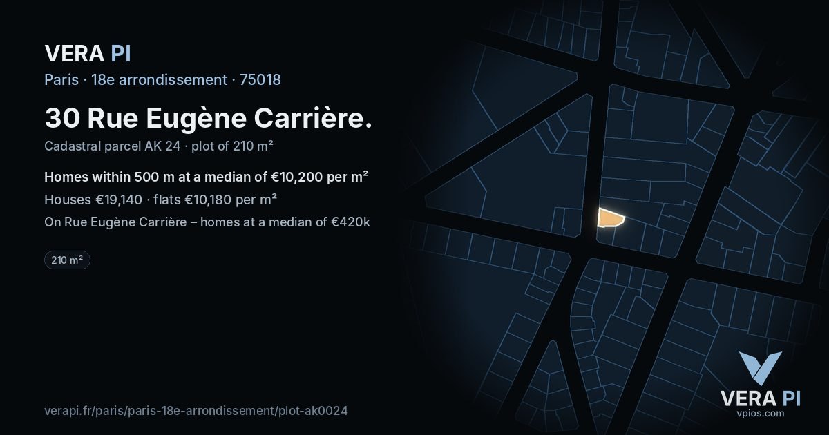 30 Rue Eugène Carrière, 18e arrondissement at night – the plot lit, the parcels around coloured by the prices near them