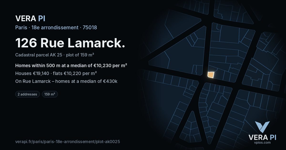 126 Rue Lamarck, 18e arrondissement at night – the plot lit, the parcels around coloured by the prices near them