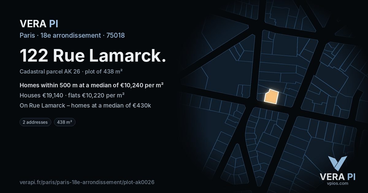 122 Rue Lamarck, 18e arrondissement at night – the plot lit, the parcels around coloured by the prices near them