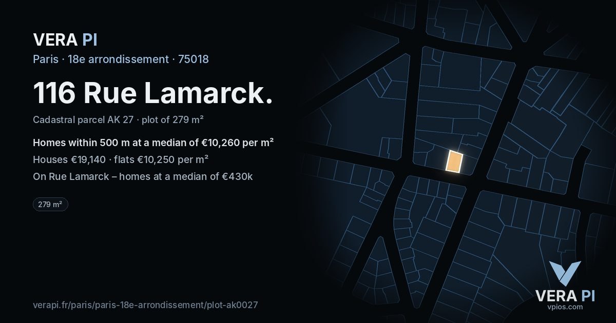 116 Rue Lamarck, 18e arrondissement at night – the plot lit, the parcels around coloured by the prices near them