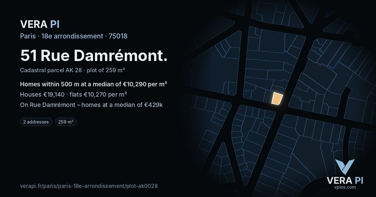 51 Rue Damrémont, 18e arrondissement at night – the plot lit, the parcels around coloured by the prices near them