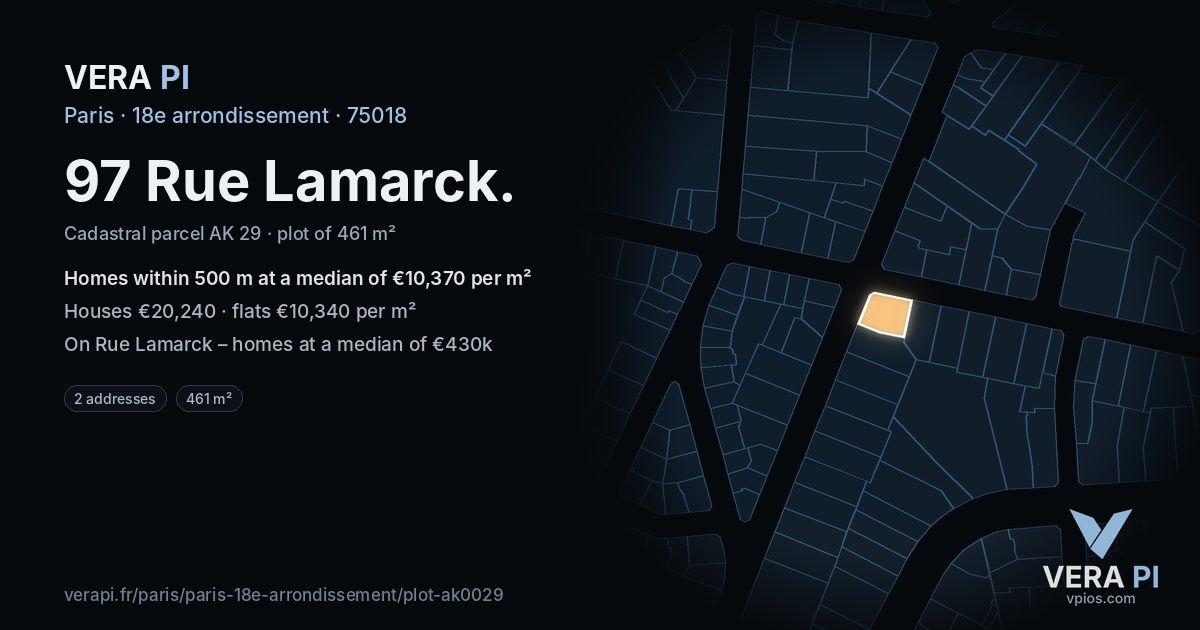 97 Rue Lamarck, 18e arrondissement at night – the plot lit, the parcels around coloured by the prices near them