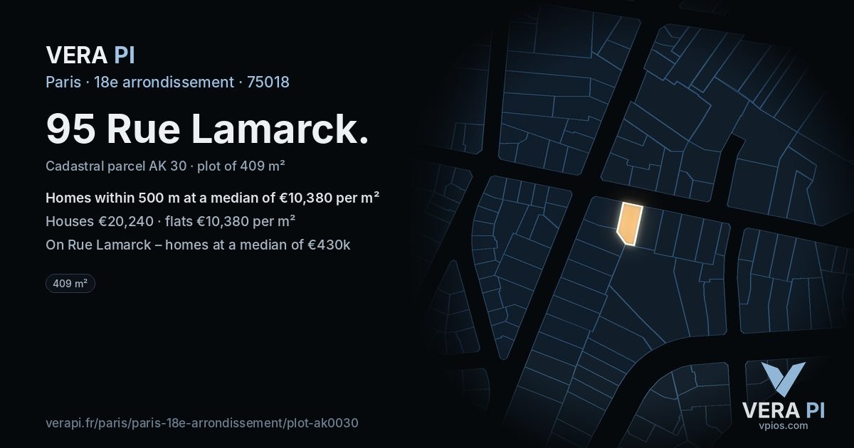 95 Rue Lamarck, 18e arrondissement at night – the plot lit, the parcels around coloured by the prices near them