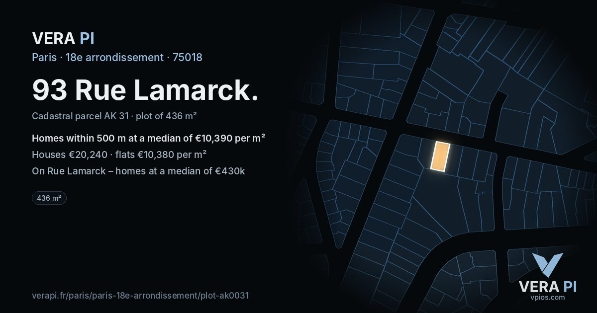 93 Rue Lamarck, 18e arrondissement at night – the plot lit, the parcels around coloured by the prices near them