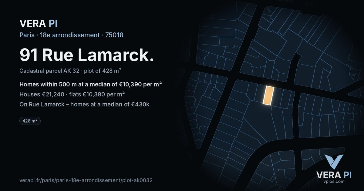 91 Rue Lamarck, 18e arrondissement at night – the plot lit, the parcels around coloured by the prices near them