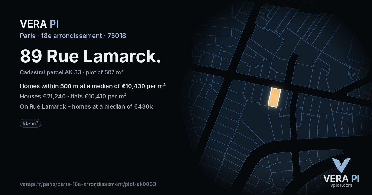 89 Rue Lamarck, 18e arrondissement at night – the plot lit, the parcels around coloured by the prices near them