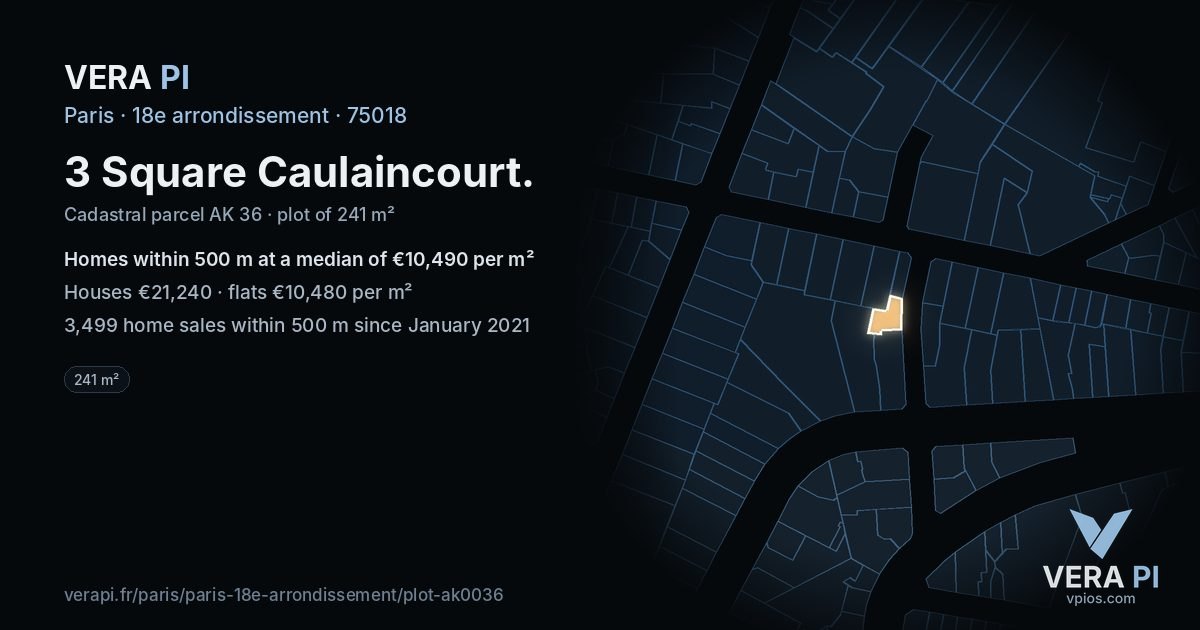 3 Square Caulaincourt, 18e arrondissement at night – the plot lit, the parcels around coloured by the prices near them