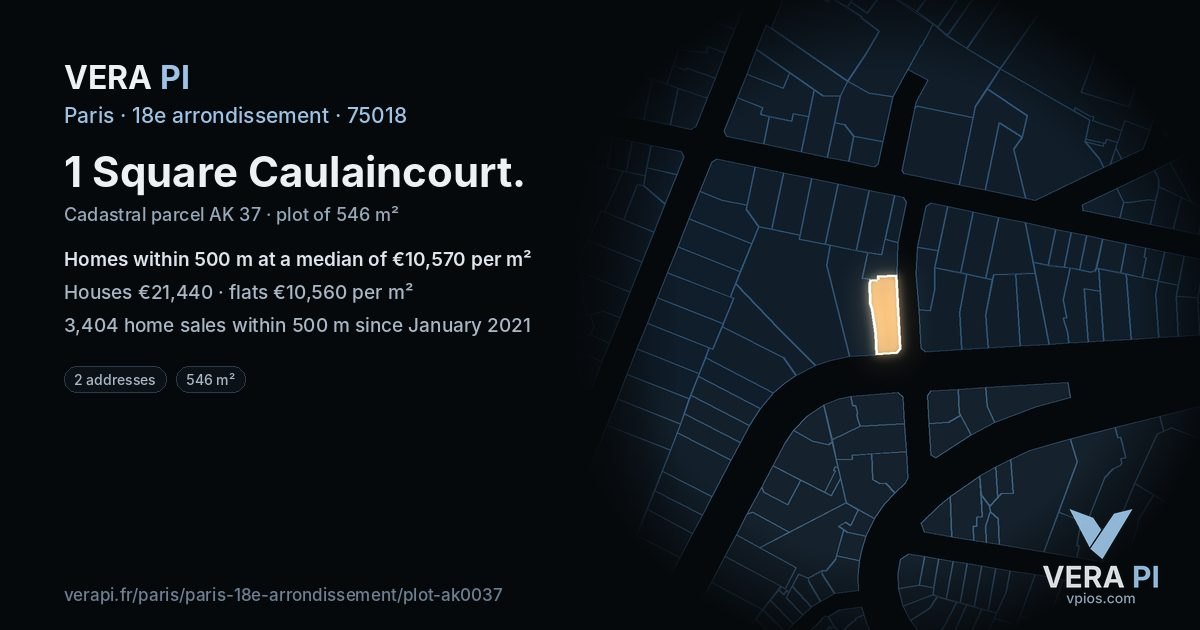 1 Square Caulaincourt, 18e arrondissement at night – the plot lit, the parcels around coloured by the prices near them