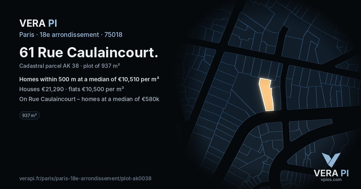61 Rue Caulaincourt, 18e arrondissement at night – the plot lit, the parcels around coloured by the prices near them