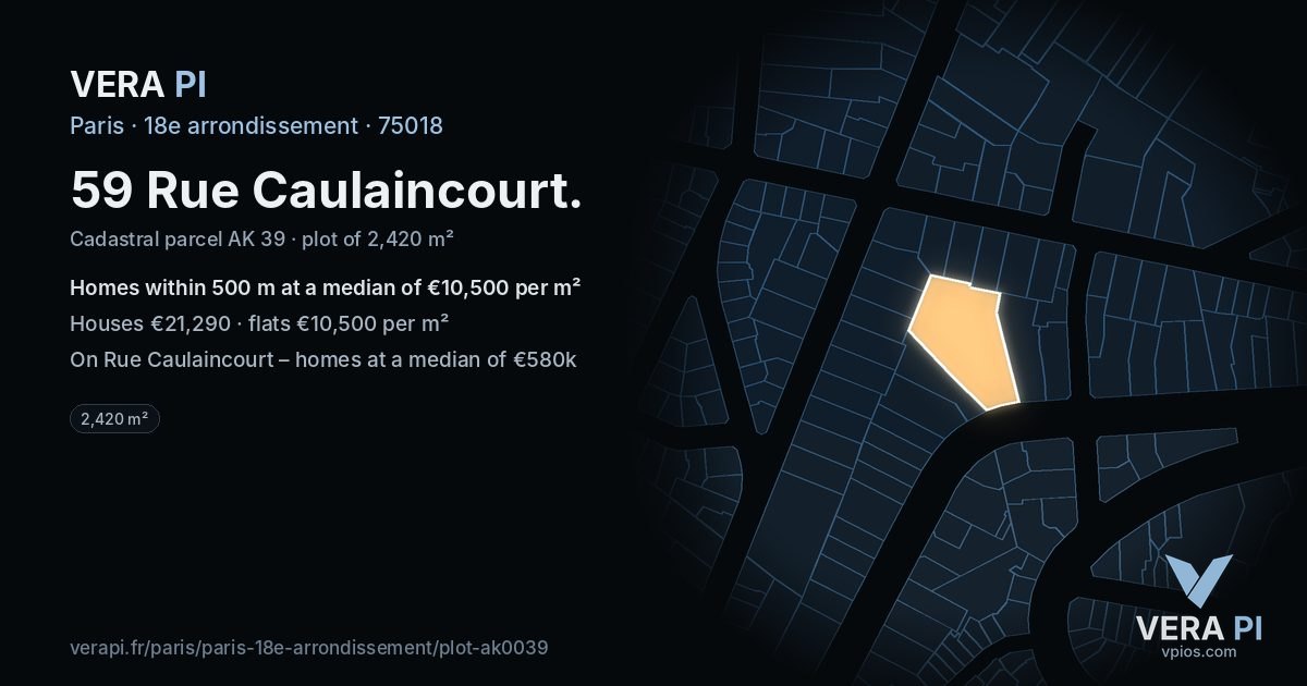 59 Rue Caulaincourt, 18e arrondissement at night – the plot lit, the parcels around coloured by the prices near them