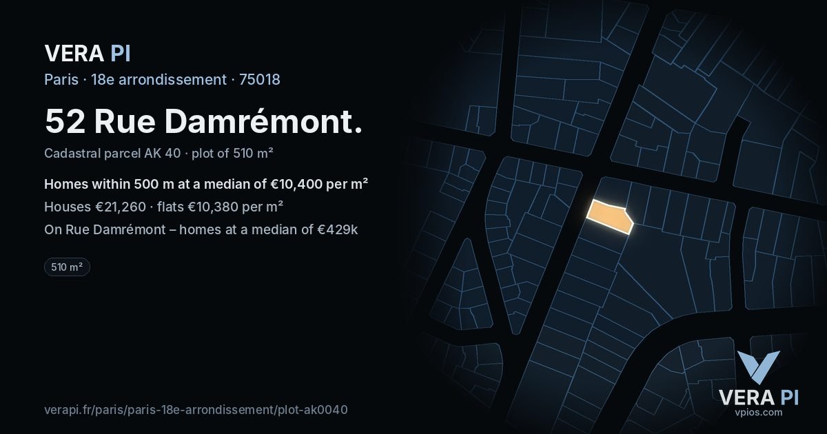 52 Rue Damrémont, 18e arrondissement at night – the plot lit, the parcels around coloured by the prices near them