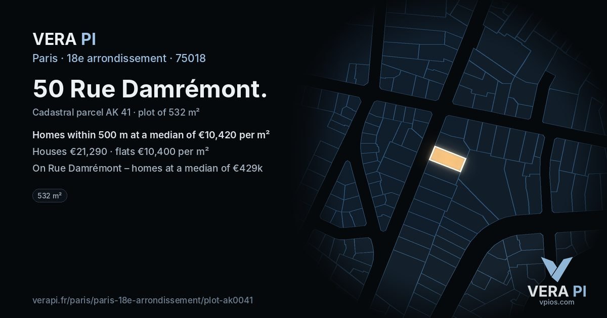 50 Rue Damrémont, 18e arrondissement at night – the plot lit, the parcels around coloured by the prices near them