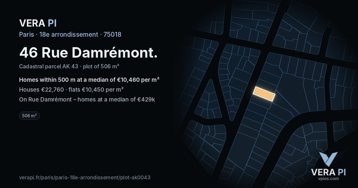 46 Rue Damrémont, 18e arrondissement at night – the plot lit, the parcels around coloured by the prices near them