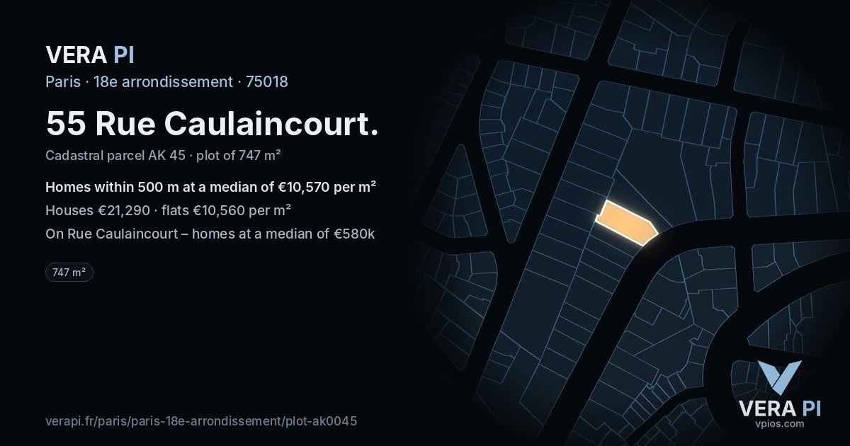 55 Rue Caulaincourt, 18e arrondissement at night – the plot lit, the parcels around coloured by the prices near them