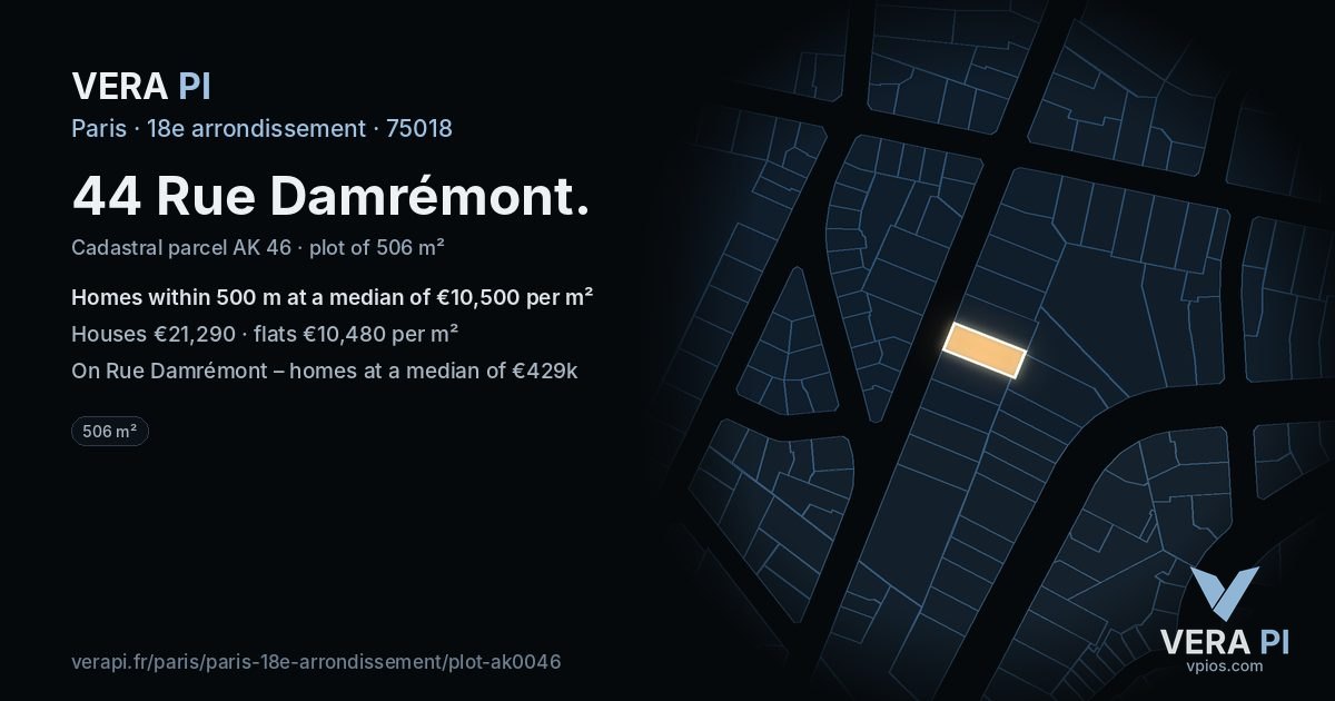 44 Rue Damrémont, 18e arrondissement at night – the plot lit, the parcels around coloured by the prices near them
