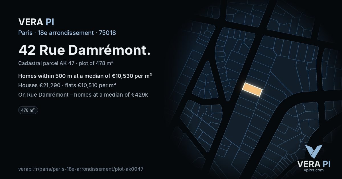 42 Rue Damrémont, 18e arrondissement at night – the plot lit, the parcels around coloured by the prices near them