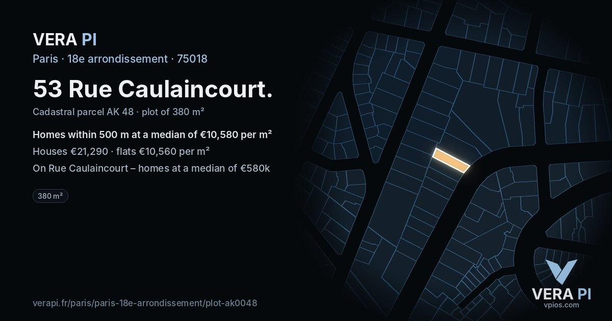 53 Rue Caulaincourt, 18e arrondissement at night – the plot lit, the parcels around coloured by the prices near them
