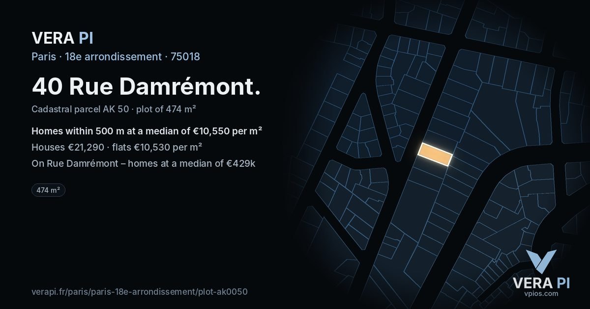 40 Rue Damrémont, 18e arrondissement at night – the plot lit, the parcels around coloured by the prices near them