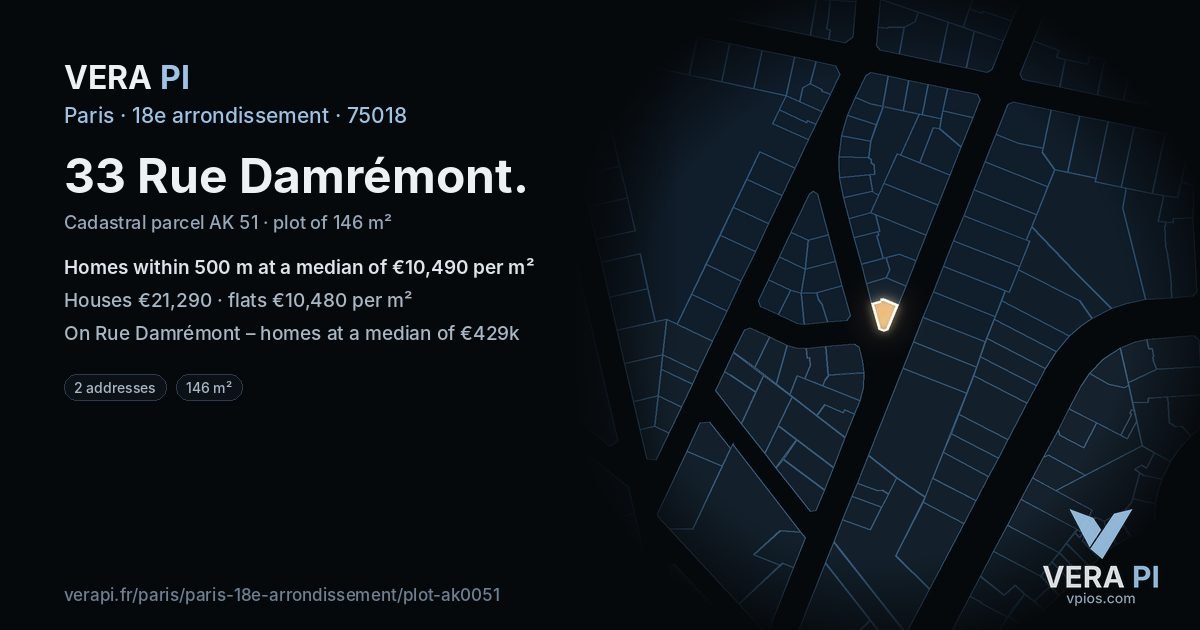 33 Rue Damrémont, 18e arrondissement at night – the plot lit, the parcels around coloured by the prices near them