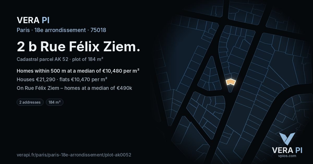 2 b Rue Félix Ziem, 18e arrondissement at night – the plot lit, the parcels around coloured by the prices near them