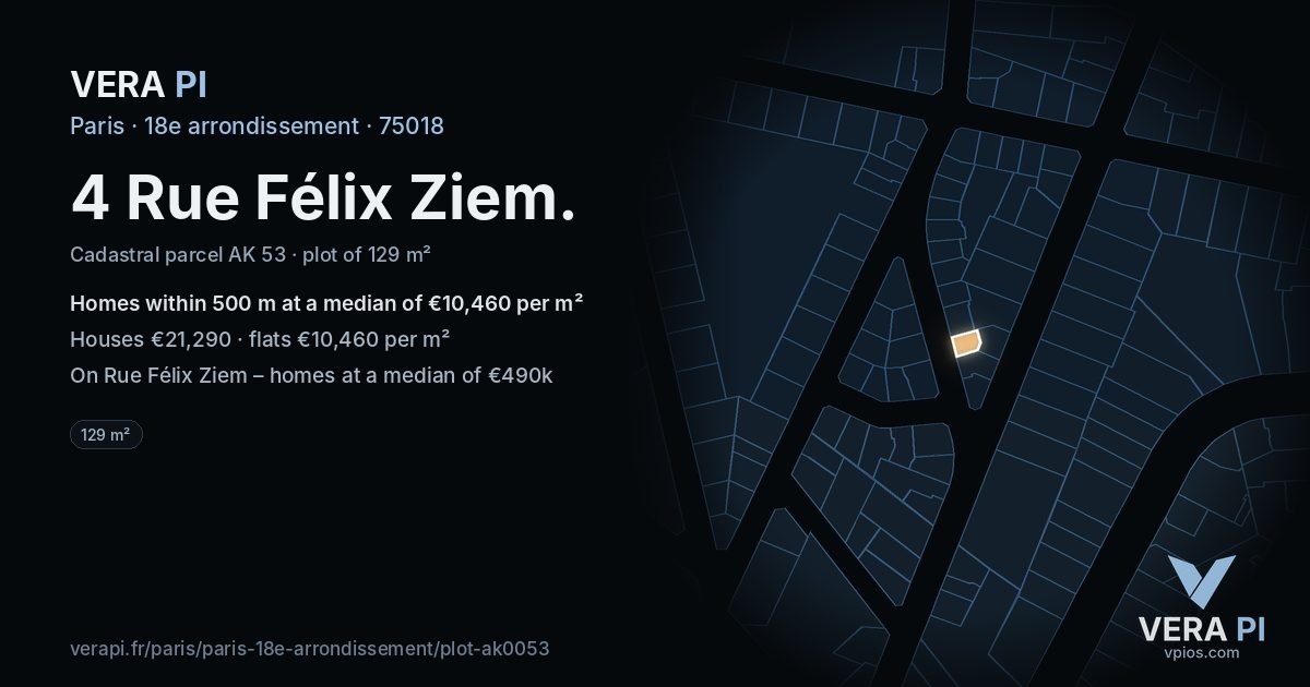 4 Rue Félix Ziem, 18e arrondissement at night – the plot lit, the parcels around coloured by the prices near them