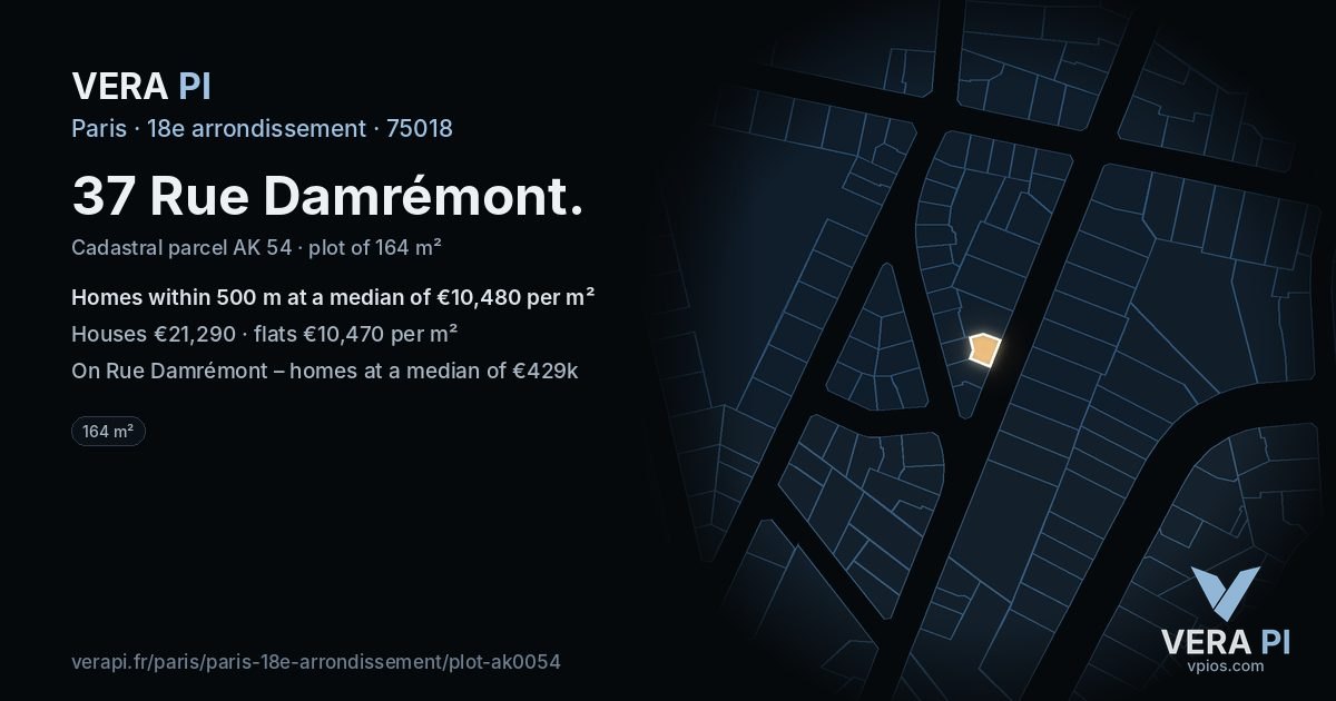 37 Rue Damrémont, 18e arrondissement at night – the plot lit, the parcels around coloured by the prices near them