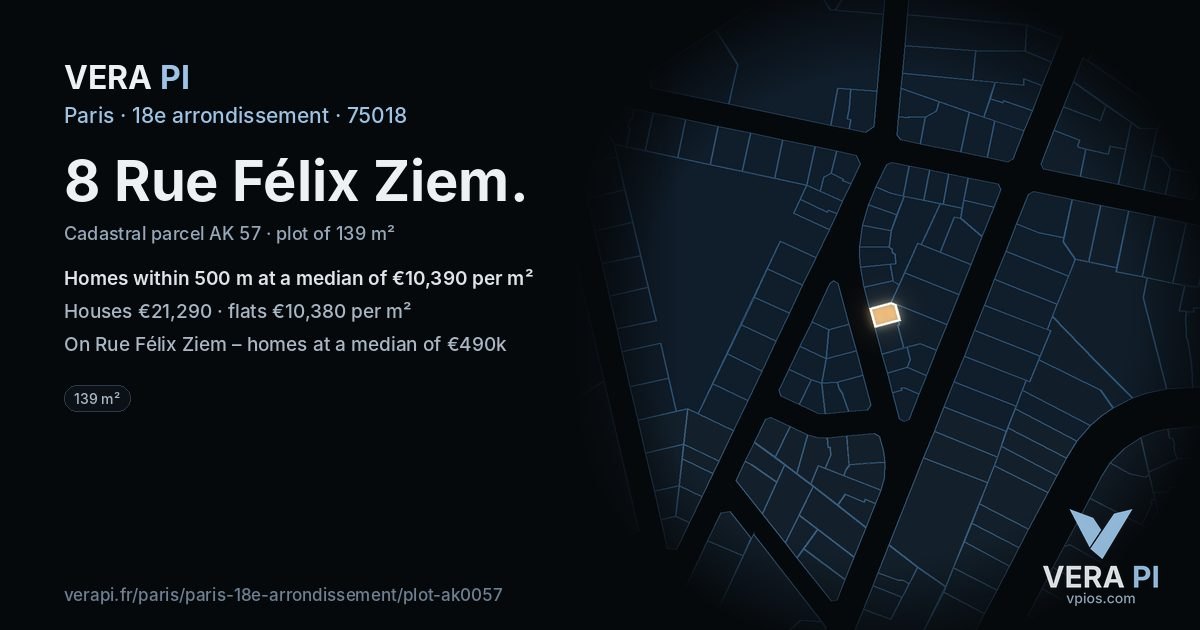 8 Rue Félix Ziem, 18e arrondissement at night – the plot lit, the parcels around coloured by the prices near them