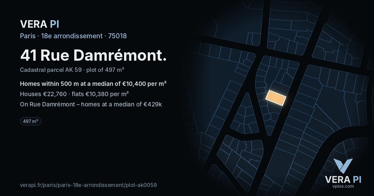41 Rue Damrémont, 18e arrondissement at night – the plot lit, the parcels around coloured by the prices near them