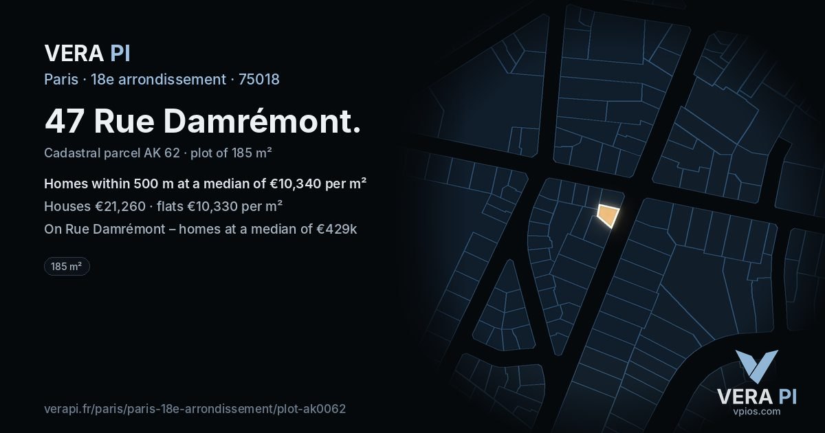 47 Rue Damrémont, 18e arrondissement at night – the plot lit, the parcels around coloured by the prices near them