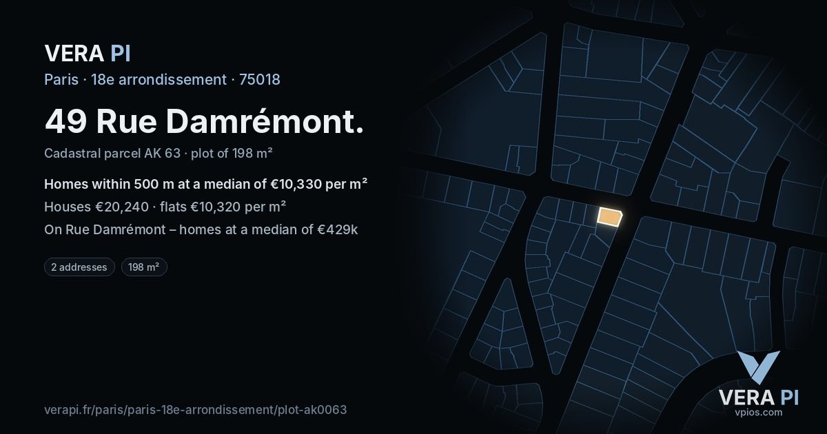 49 Rue Damrémont, 18e arrondissement at night – the plot lit, the parcels around coloured by the prices near them