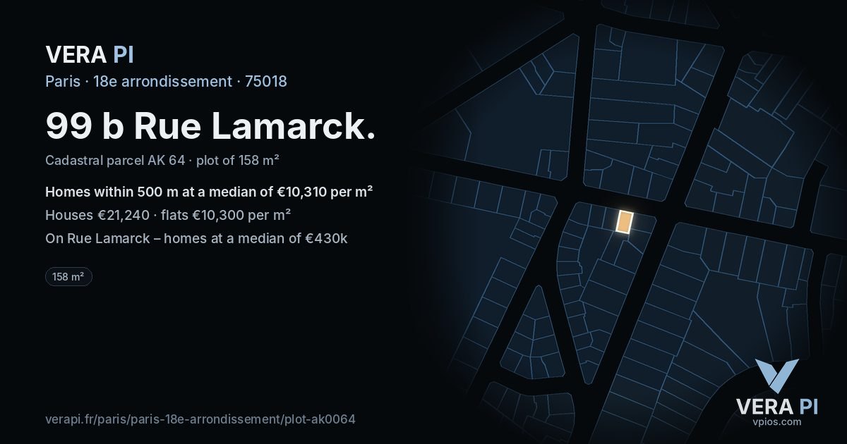 99 b Rue Lamarck, 18e arrondissement at night – the plot lit, the parcels around coloured by the prices near them