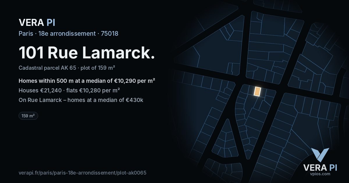 101 Rue Lamarck, 18e arrondissement at night – the plot lit, the parcels around coloured by the prices near them