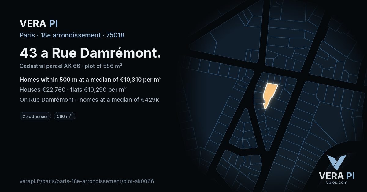43 a Rue Damrémont, 18e arrondissement at night – the plot lit, the parcels around coloured by the prices near them