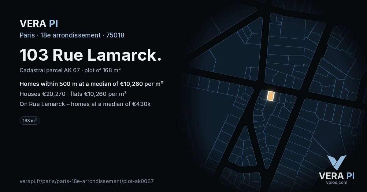 103 Rue Lamarck, 18e arrondissement at night – the plot lit, the parcels around coloured by the prices near them