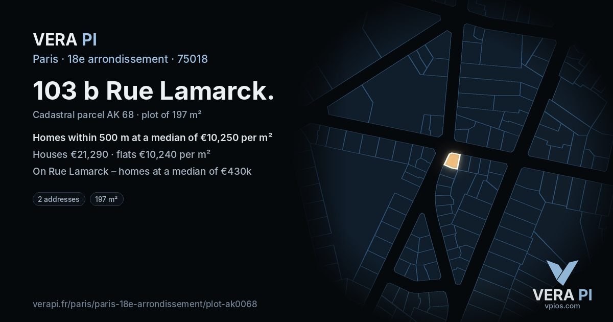 103 b Rue Lamarck, 18e arrondissement at night – the plot lit, the parcels around coloured by the prices near them