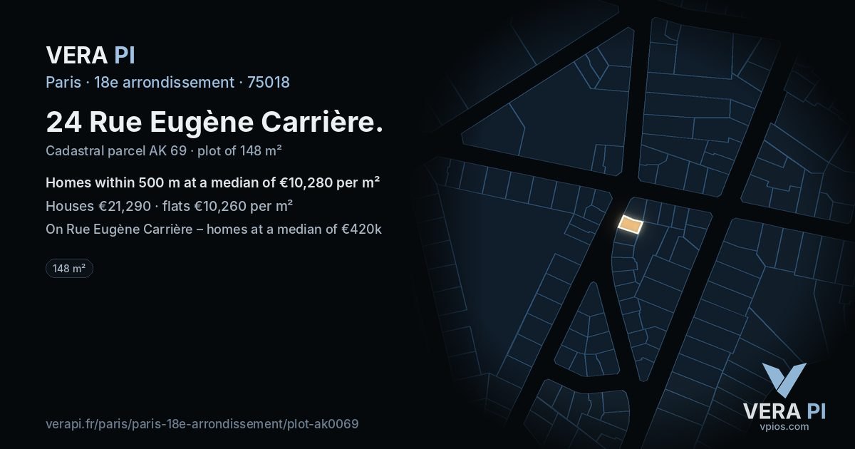 24 Rue Eugène Carrière, 18e arrondissement at night – the plot lit, the parcels around coloured by the prices near them