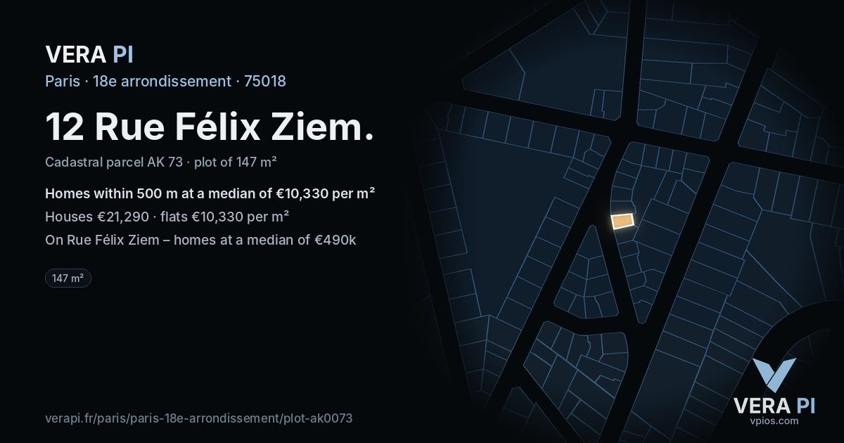 12 Rue Félix Ziem, 18e arrondissement at night – the plot lit, the parcels around coloured by the prices near them