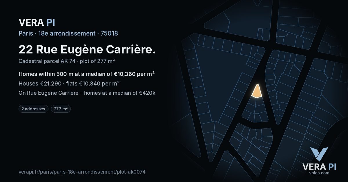 22 Rue Eugène Carrière, 18e arrondissement at night – the plot lit, the parcels around coloured by the prices near them