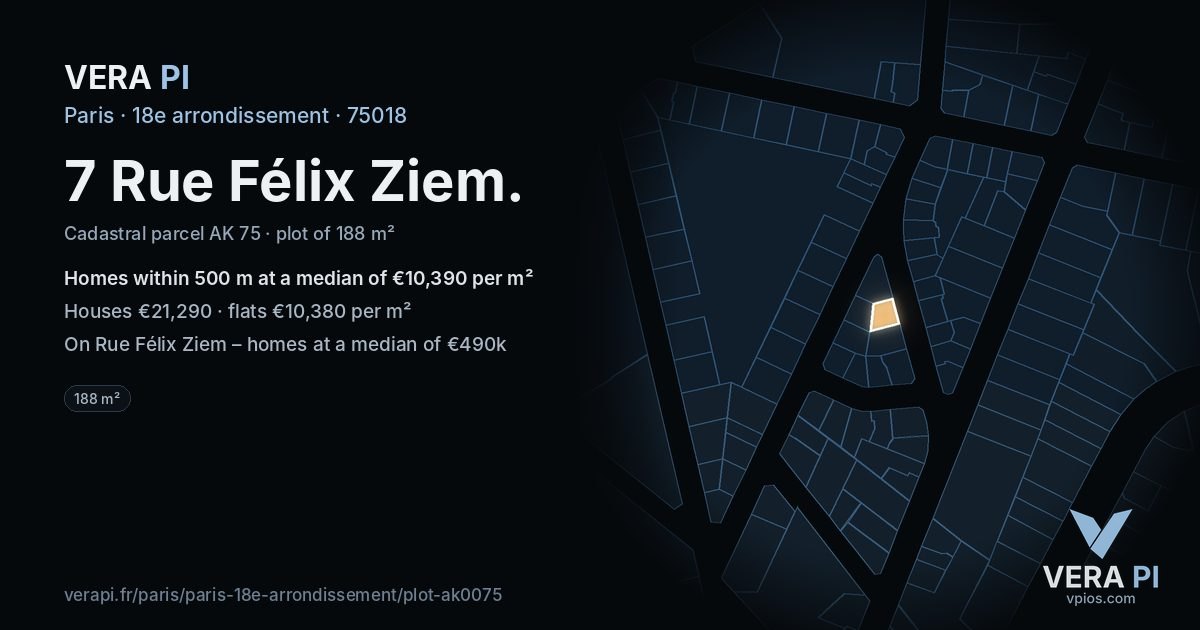 7 Rue Félix Ziem, 18e arrondissement at night – the plot lit, the parcels around coloured by the prices near them