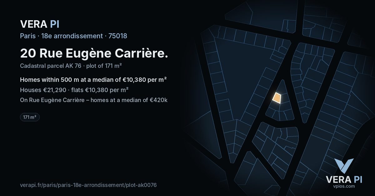 20 Rue Eugène Carrière, 18e arrondissement at night – the plot lit, the parcels around coloured by the prices near them